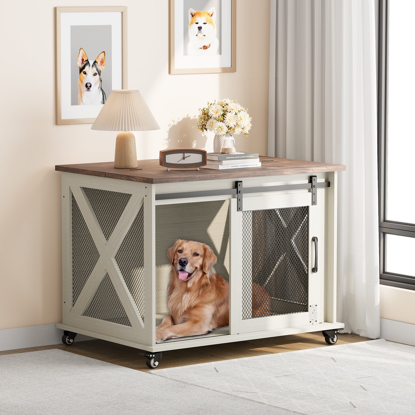 Garvee 37” Sliding Barn Door Dog Crate Furniture with Flip Top and Movable Divider, Wooden Dog Crate Table, Dog Kennel Side End Table, Furniture Style Large Dog House, White