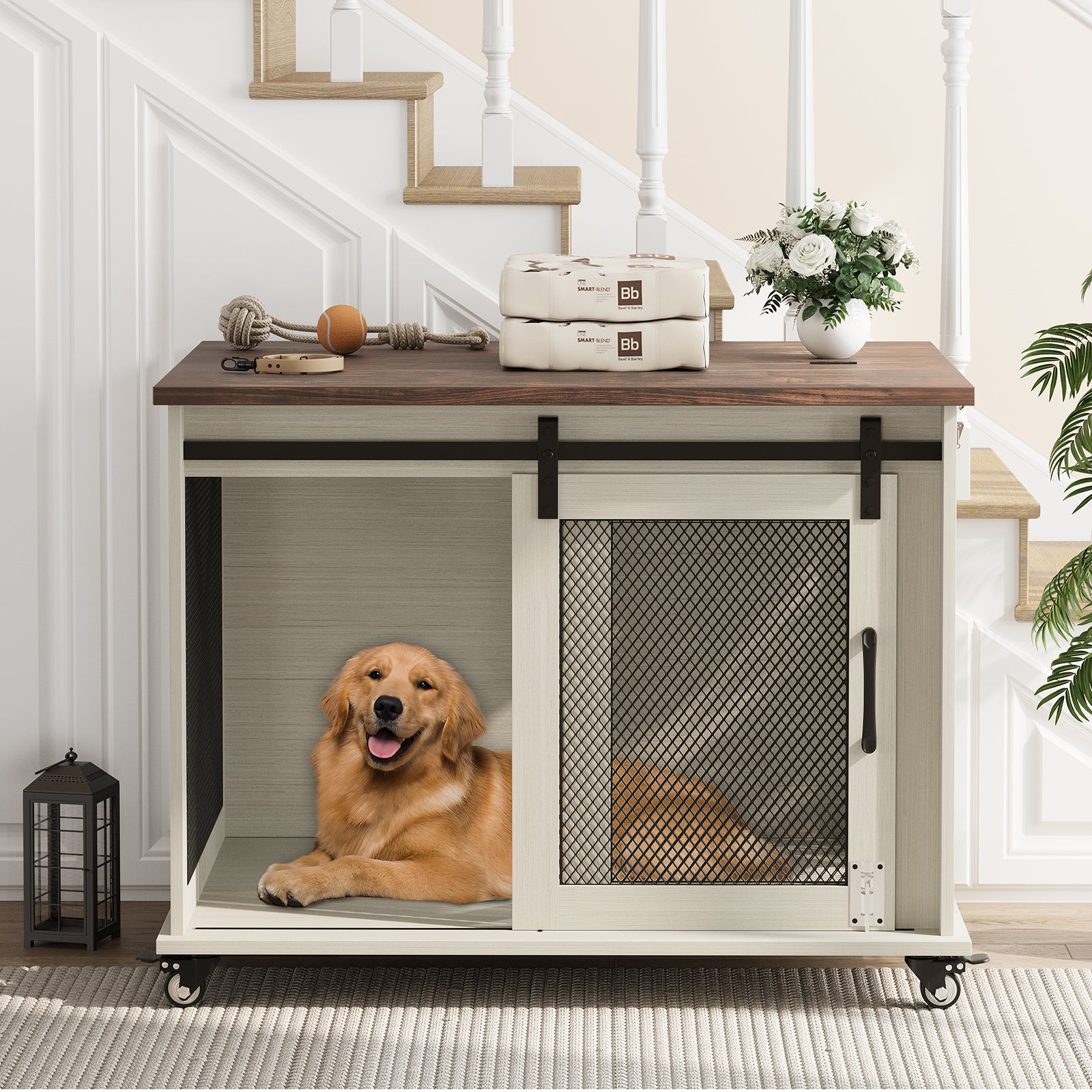 Garvee 37” Sliding Barn Door Dog Crate Furniture with Flip Top and Movable Divider, Wooden Dog Crate Table, Dog Kennel Side End Table, Furniture Style Large Dog House, White