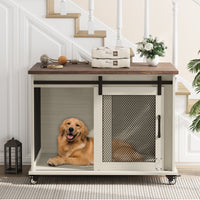 Garvee 37” Sliding Barn Door Dog Crate Furniture with Flip Top and Movable Divider, Wooden Dog Crate Table, Dog Kennel Side End Table, Furniture Style Large Dog House, White