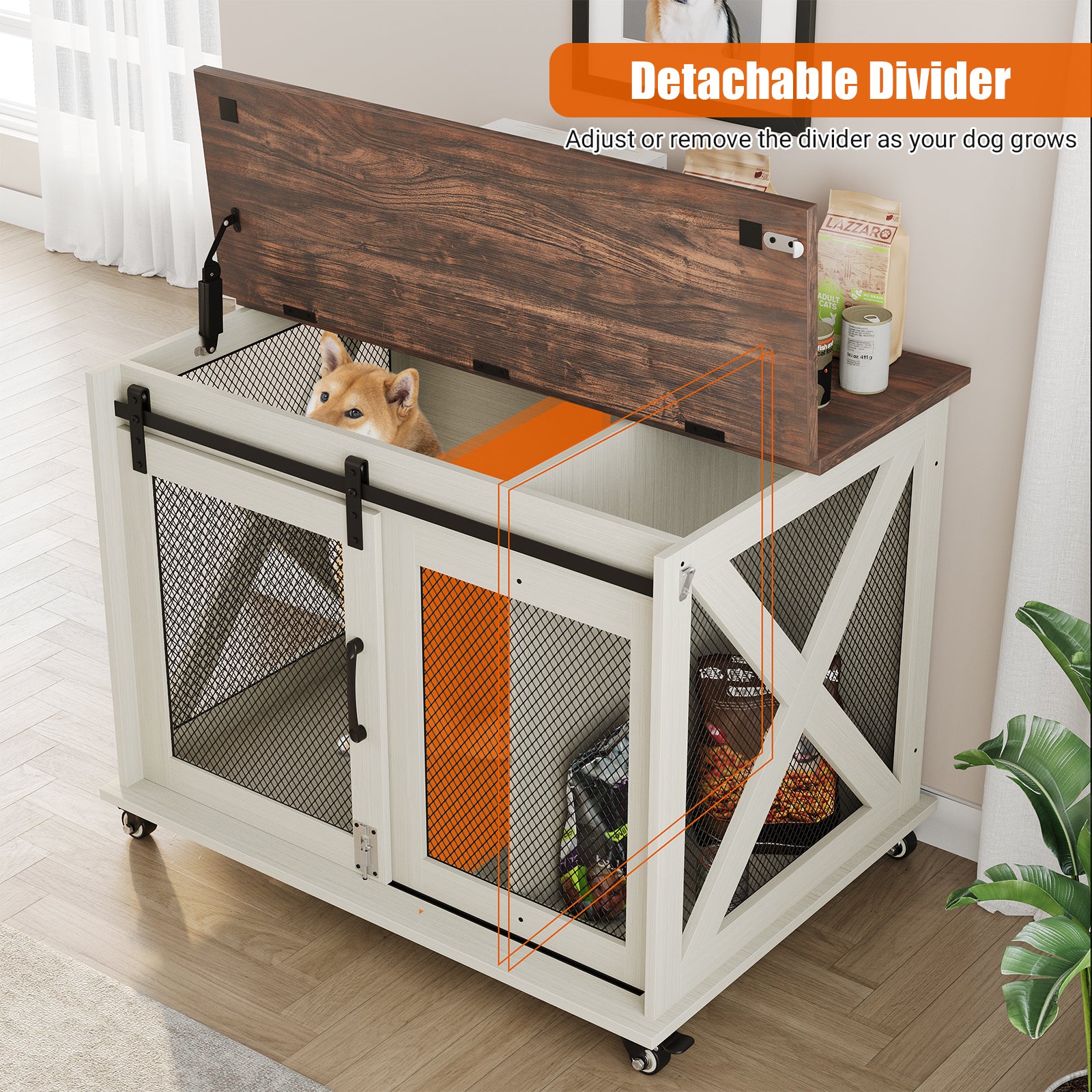 Garvee 37” Sliding Barn Door Dog Crate Furniture with Flip Top and Movable Divider, Wooden Dog Crate Table, Dog Kennel Side End Table, Furniture Style Large Dog House, White