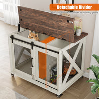 Garvee 37” Sliding Barn Door Dog Crate Furniture with Flip Top and Movable Divider, Wooden Dog Crate Table, Dog Kennel Side End Table, Furniture Style Large Dog House, White