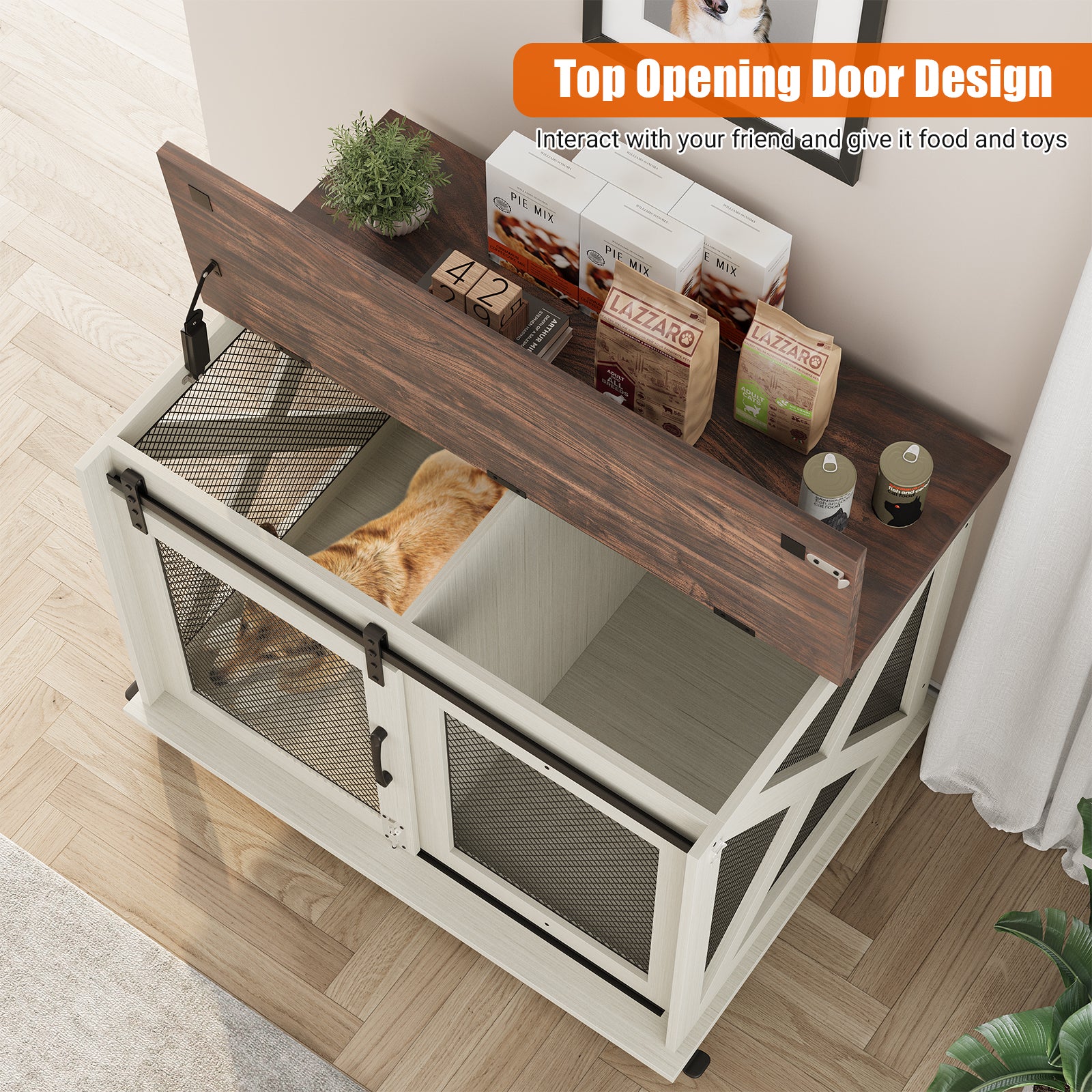 Garvee 37” Sliding Barn Door Dog Crate Furniture with Flip Top and Movable Divider, Wooden Dog Crate Table, Dog Kennel Side End Table, Furniture Style Large Dog House, White