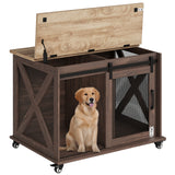 Garvee Dog Crate Furniture with Sliding Barn Door, Flip Top Furniture Style Dog Crate End Table with Wheels, Indoor Dog Kennel House with Removable Divider, Brown - Brown