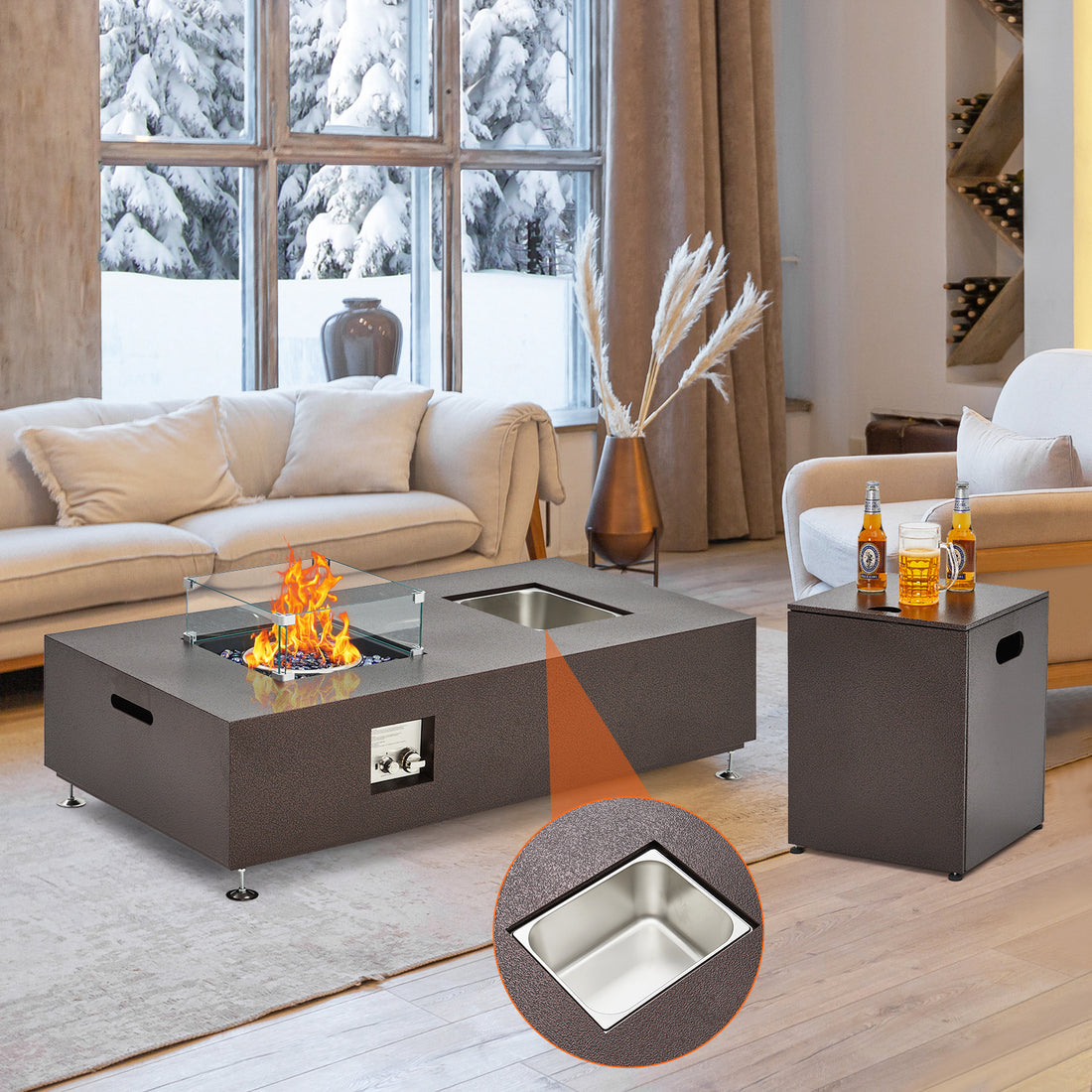 Garvee 56" 50000 BTU Rectangular Propane Fire Pit Table , Push-Button Ignition, Glass Wind Guard, Includes Lid & Weather Cover