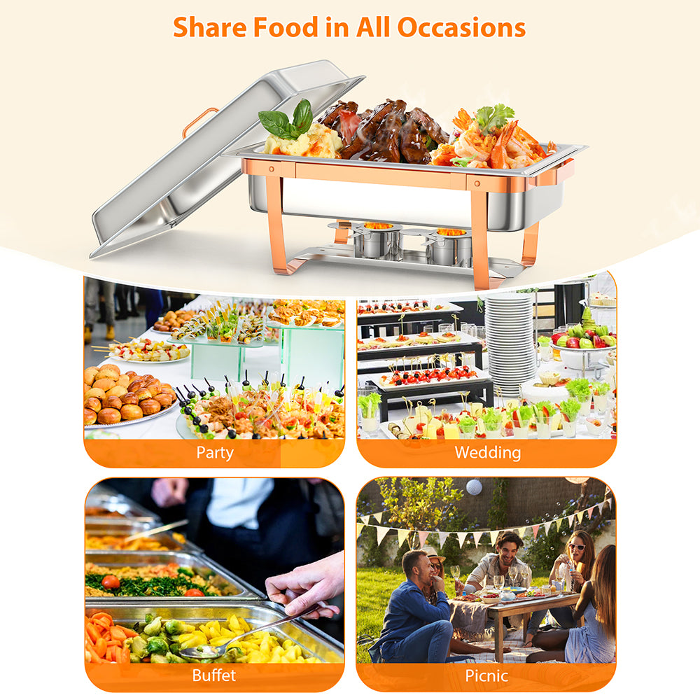 Garvee Chafing Dish Buffet Set, 8QT 2 Pack, Rectangle Chafing Dishes for Buffet w/Lid Holder, Stainless Steel Chafer Food Warmers Servers with Spoon and Tweezers for Kitchen Party Banquet Dining, Rose Gold