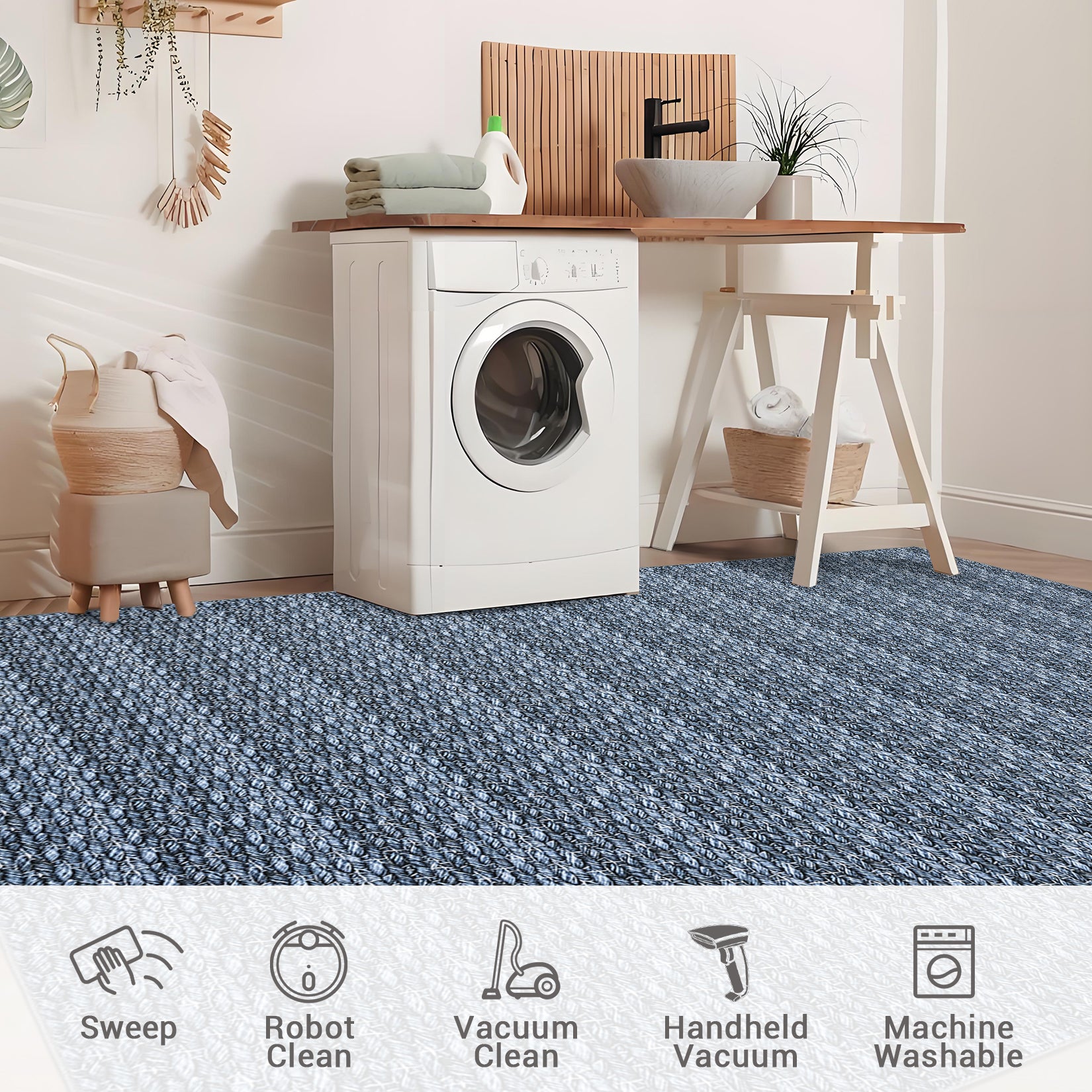 Garvee Modern Grey Blue 2x6 Washable Runner Rugs, Woven Pattern Hallway Rugs with Non-Slip Backing, Soft Low Pile Area Rugs, Non-Shedding Contemporary Floor Carpet for Bedroom, Laundry