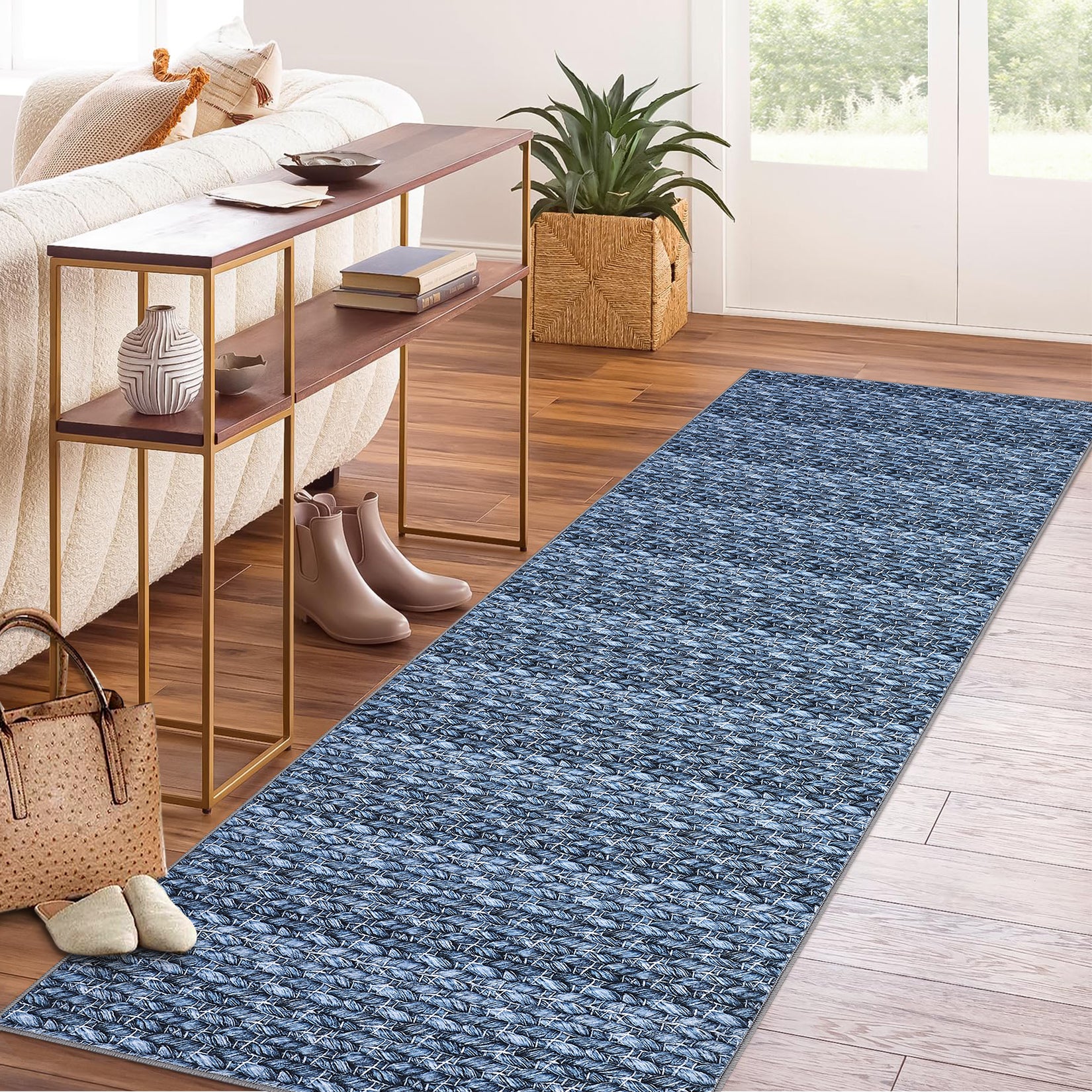 Garvee Modern Grey Blue 2x6 Washable Runner Rugs, Woven Pattern Hallway Rugs with Non-Slip Backing, Soft Low Pile Area Rugs, Non-Shedding Contemporary Floor Carpet for Bedroom, Laundry