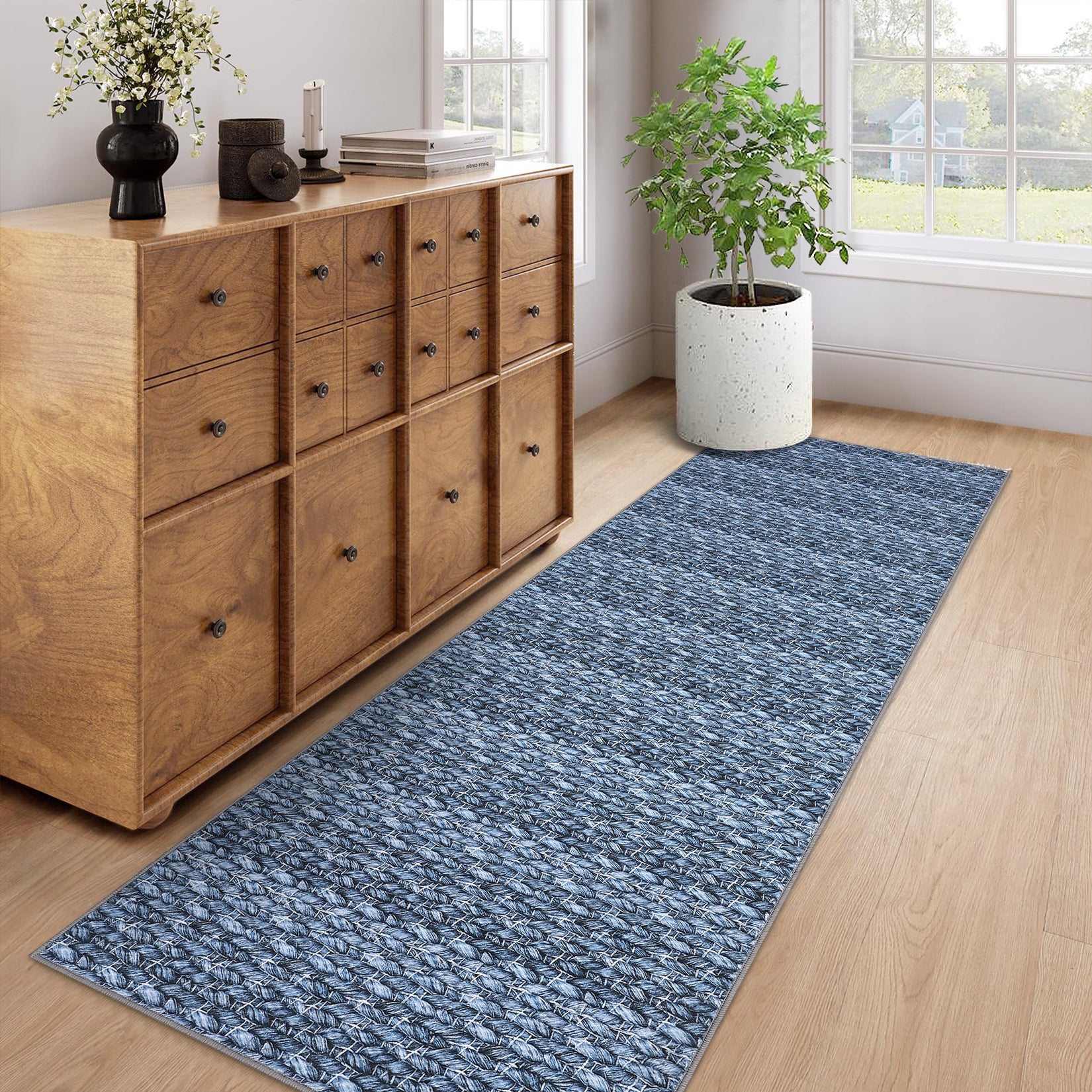 Garvee Modern Grey Blue 2x6 Washable Runner Rugs, Woven Pattern Hallway Rugs with Non-Slip Backing, Soft Low Pile Area Rugs, Non-Shedding Contemporary Floor Carpet for Bedroom, Laundry