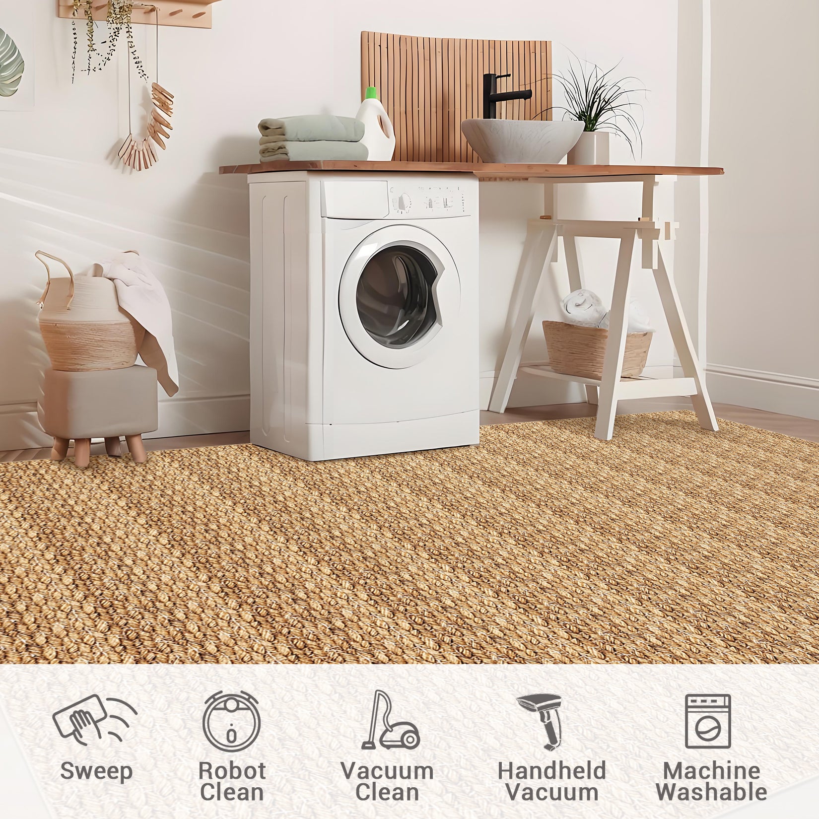 Garvee Modern Beige Camel 9x12 Washable Living Room Rugs Large Modern Woven Pattern Accent Rugs, Non-Slip Soft Low Pile Area Rugs, Non-Shedding Contemporary Indoor Carpet for Bedroom, Office