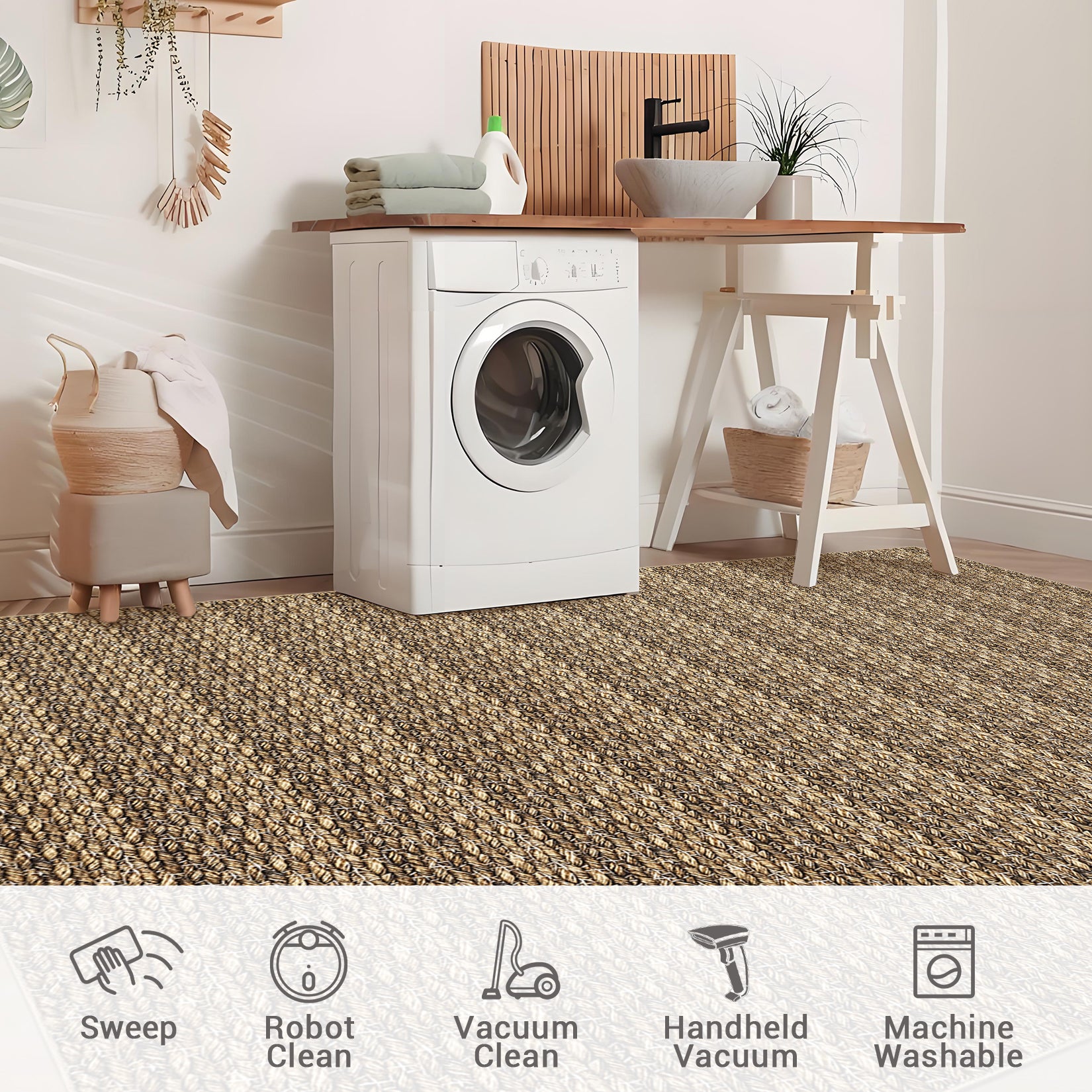 Garvee Modern Brown 10x13 Large Area Rugs, Non-Slip Modern Woven Pattern Living Room Rugs, Washable Soft Low Pile Accent Rugs, Non-Shedding Contemporary Floor Carpet for Office, Bedroom