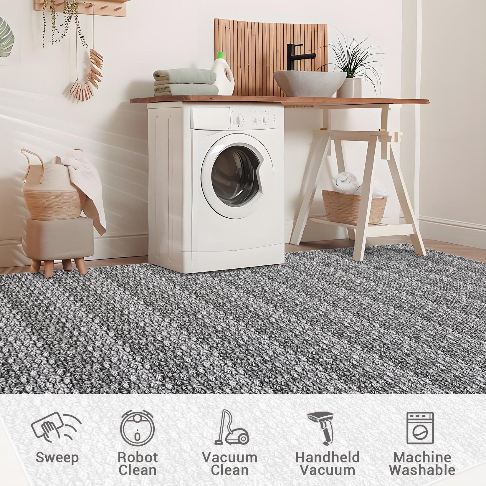 Garvee Modern Grey 8x10 Washable Area Rugs, Large Modern Woven Pattern Accent Rugs, Non-Slip Soft Low Pile Floor Carpet, Non-Shedding Contemporary Indoor Carpet for Bedroom, Living Room