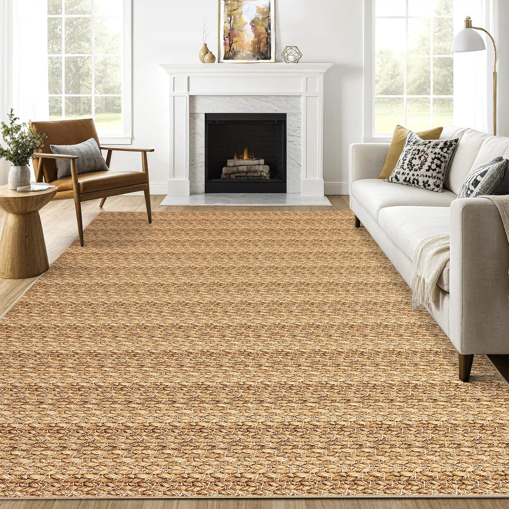Garvee Modern Beige Camel 9x12 Washable Living Room Rugs Large Modern Woven Pattern Accent Rugs, Non-Slip Soft Low Pile Area Rugs, Non-Shedding Contemporary Indoor Carpet for Bedroom, Office