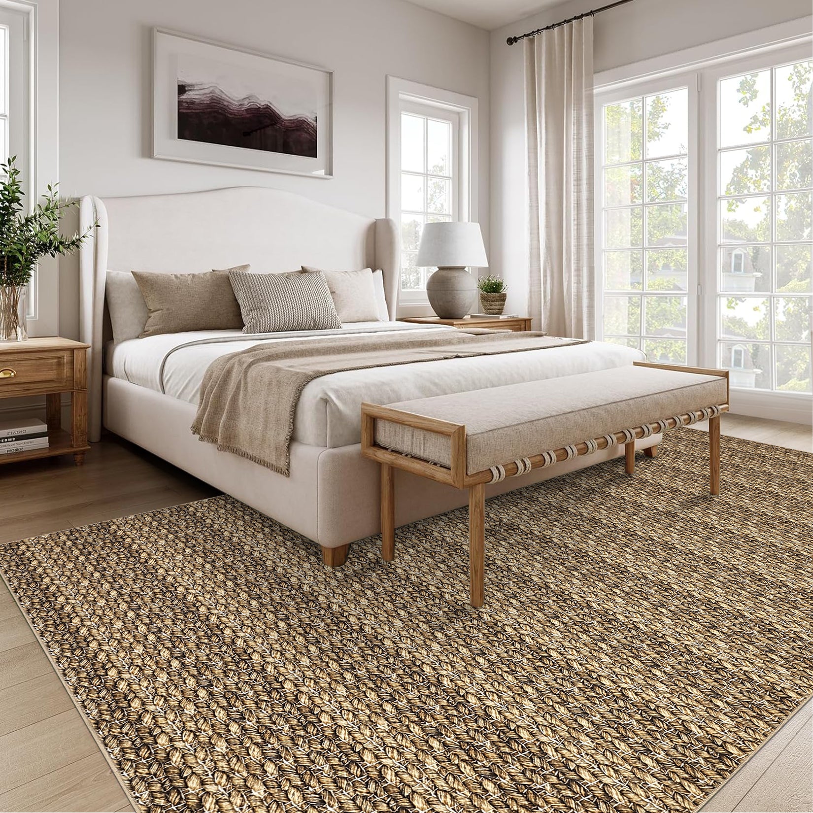 Garvee Modern Brown 10x13 Large Area Rugs, Non-Slip Modern Woven Pattern Living Room Rugs, Washable Soft Low Pile Accent Rugs, Non-Shedding Contemporary Floor Carpet for Office, Bedroom