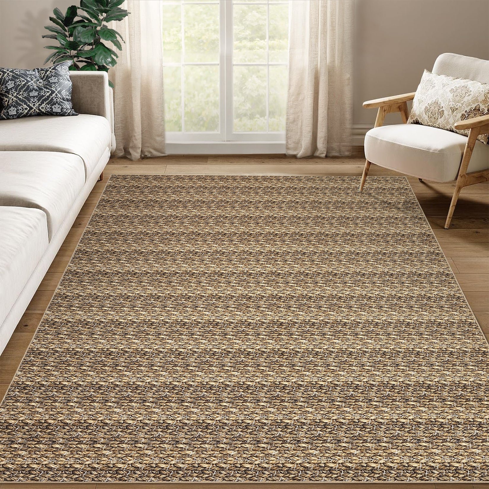 Garvee Modern Brown 10x13 Large Area Rugs, Non-Slip Modern Woven Pattern Living Room Rugs, Washable Soft Low Pile Accent Rugs, Non-Shedding Contemporary Floor Carpet for Office, Bedroom