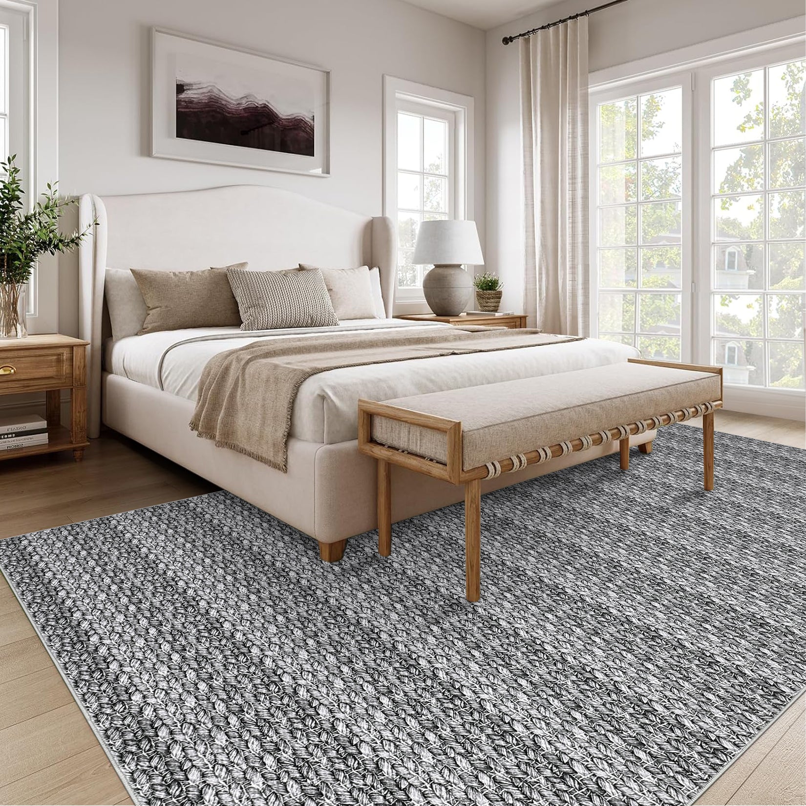 Garvee Modern Grey 8x10 Washable Area Rugs, Large Modern Woven Pattern Accent Rugs, Non-Slip Soft Low Pile Floor Carpet, Non-Shedding Contemporary Indoor Carpet for Bedroom, Living Room