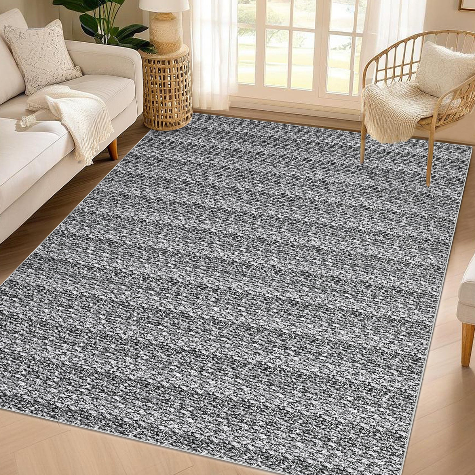 Garvee Modern Grey 8x10 Washable Area Rugs, Large Modern Woven Pattern Accent Rugs, Non-Slip Soft Low Pile Floor Carpet, Non-Shedding Contemporary Indoor Carpet for Bedroom, Living Room