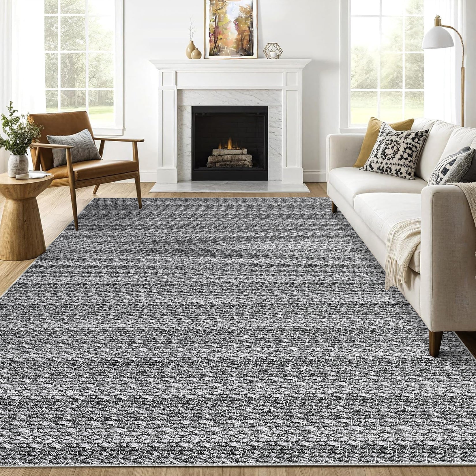 Garvee Modern Grey 8x10 Washable Area Rugs, Large Modern Woven Pattern Accent Rugs, Non-Slip Soft Low Pile Floor Carpet, Non-Shedding Contemporary Indoor Carpet for Bedroom, Living Room