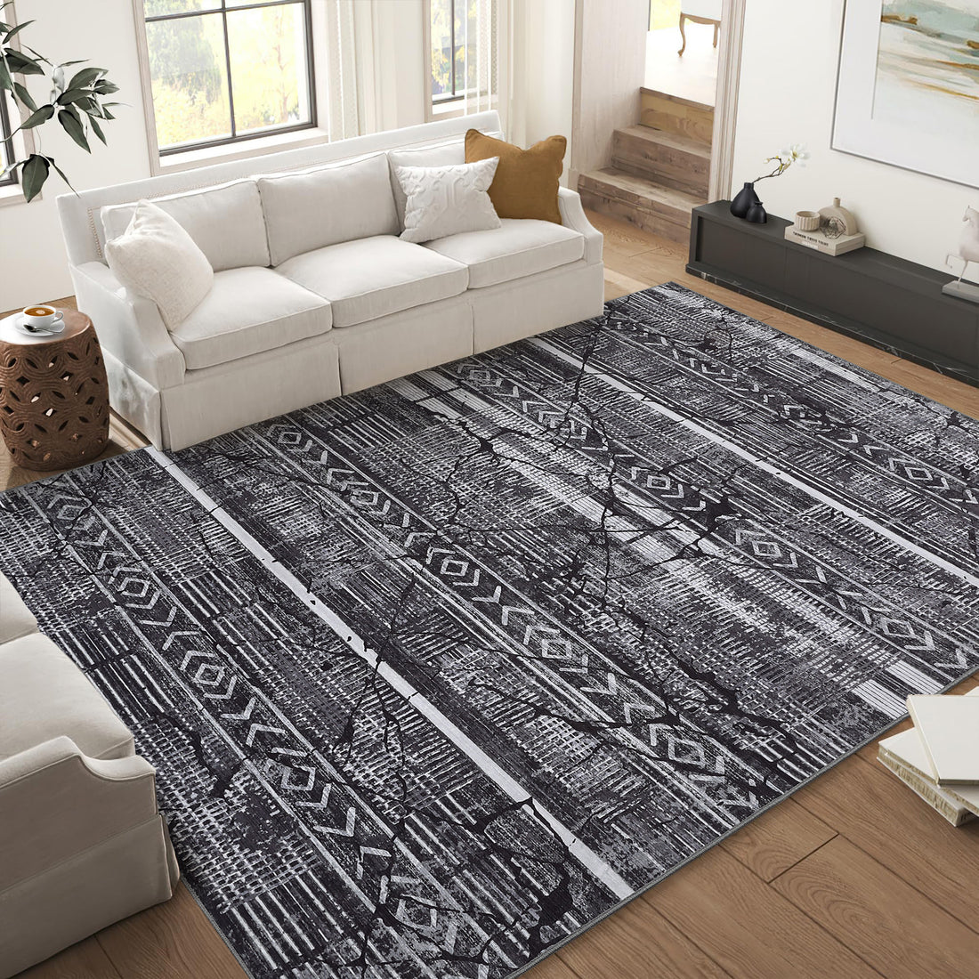Garvee Boho Black-Grey 9x12 Washable Living Room Rugs, Geometric Marble Boho Area Rugs for Bedroom Ultra Thin Non-Slip Large Indoor Rugs Floor Carpet for Dining Room