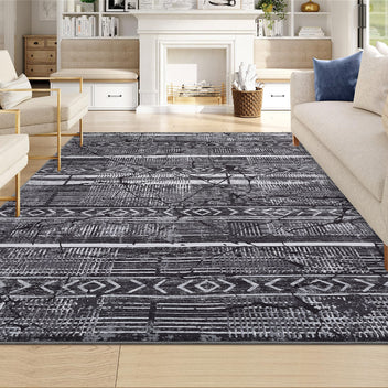 Garvee Boho Black-Grey 5x7 Washable Area Rugs for Living Room, Geometric Marble Boho Bedroom Rugs Ultra Thin Non-Slip Indoor Rugs Floor Carpet for Dining Room