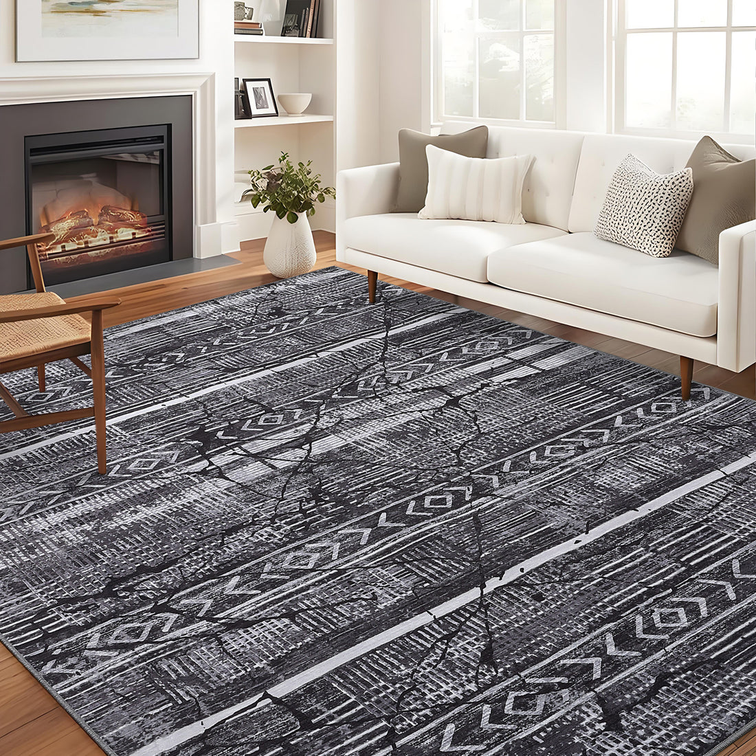 Garvee Boho Black-Grey 9x12 Washable Living Room Rugs, Geometric Marble Boho Area Rugs for Bedroom Ultra Thin Non-Slip Large Indoor Rugs Floor Carpet for Dining Room