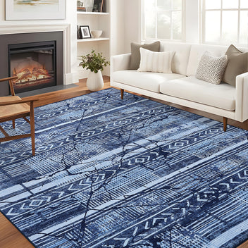 Garvee Boho Navy Blue 5x7 Washable Area Rugs for Living Room, Geometric Marble Boho Bedroom Rugs Ultra Thin Non-Slip Indoor Rugs Floor Carpet for Dining Room