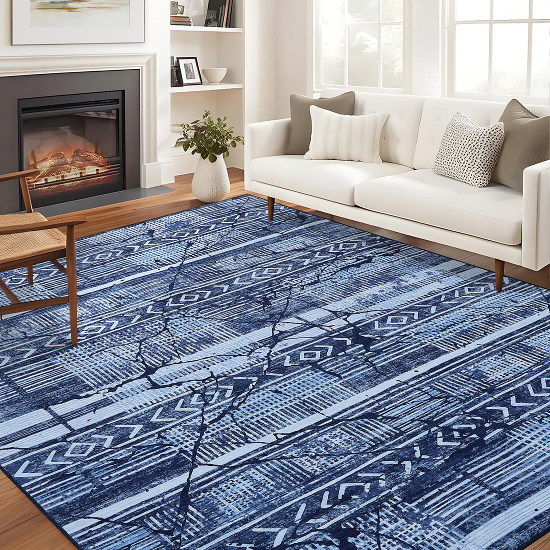 Garvee Boho Navy Blue 9x12 Washable Living Room Rugs, Geometric Marble Boho Area Rugs for Bedroom Ultra Thin Non-Slip Large Indoor Rugs Floor Carpet for Dining Room