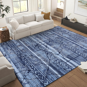 Garvee Boho Navy Blue 10x13 Large Living Room Rugs, Geometric Marble Boho Area Rugs for Bedroom Ultra Thin Non-Slip Washable Indoor Rugs Floor Carpet for Dining Room