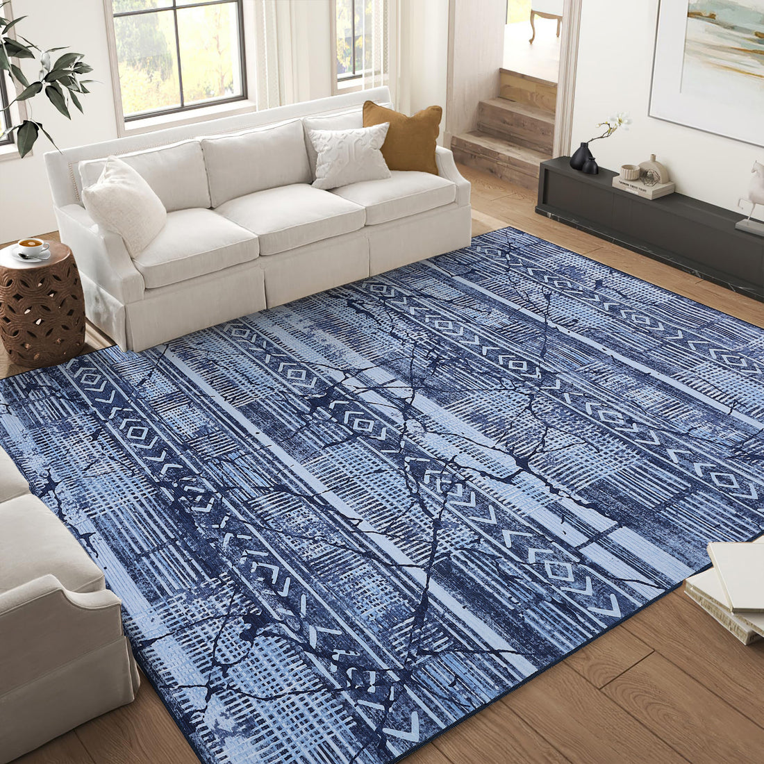 Garvee Boho Navy Blue 9x12 Washable Living Room Rugs, Geometric Marble Boho Area Rugs for Bedroom Ultra Thin Non-Slip Large Indoor Rugs Floor Carpet for Dining Room