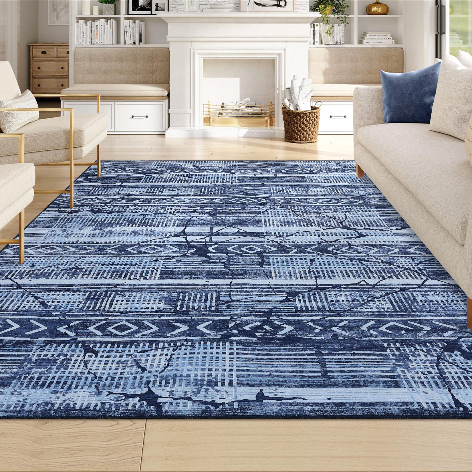 Garvee Boho Navy Blue 10x13 Large Living Room Rugs, Geometric Marble Boho Area Rugs for Bedroom Ultra Thin Non-Slip Washable Indoor Rugs Floor Carpet for Dining Room