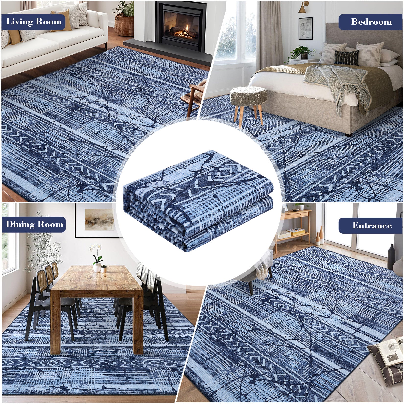Garvee Boho Navy Blue 10x13 Large Living Room Rugs, Geometric Marble Boho Area Rugs for Bedroom Ultra Thin Non-Slip Washable Indoor Rugs Floor Carpet for Dining Room