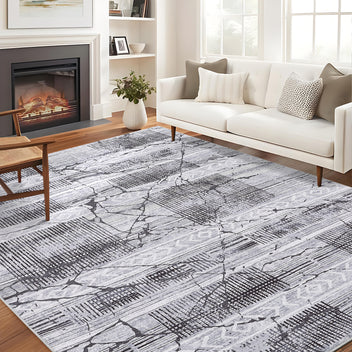 Garvee Boho Light Grey 9x12 Washable Living Room Rugs, Geometric Marble Boho Area Rugs for Bedroom Ultra Thin Non-Slip Large Indoor Rugs Floor Carpet for Dining Room