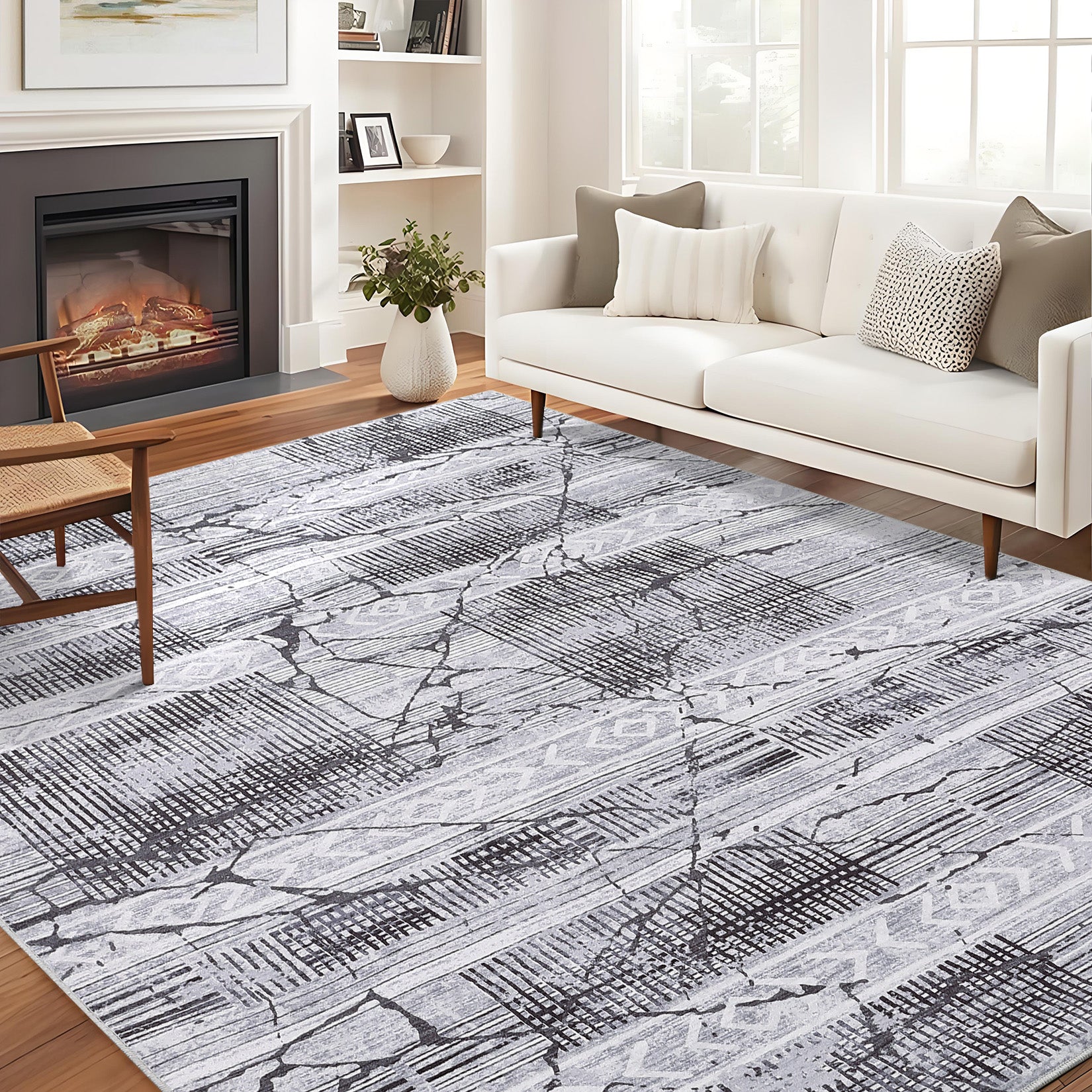 Garvee Boho Light Grey 10x13 Large Living Room Rugs, Geometric Marble Boho Area Rugs for Bedroom Ultra Thin Non-Slip Washable Indoor Rugs Floor Carpet for Dining Room