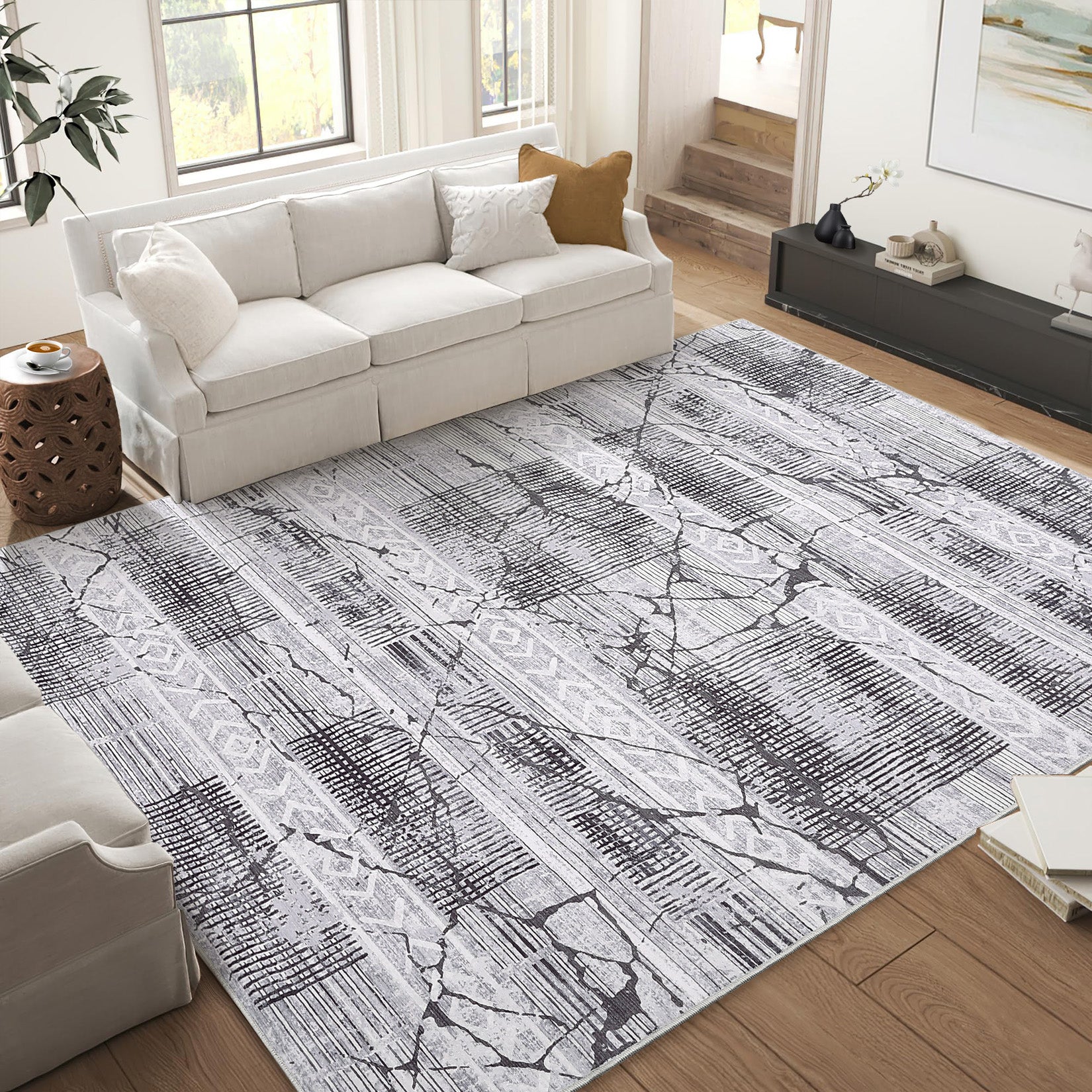 Garvee Boho Light Grey 9x12 Washable Living Room Rugs, Geometric Marble Boho Area Rugs for Bedroom Ultra Thin Non-Slip Large Indoor Rugs Floor Carpet for Dining Room