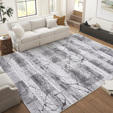 Garvee Boho Light Grey 9x12 Washable Living Room Rugs, Geometric Marble Boho Area Rugs for Bedroom Ultra Thin Non-Slip Large Indoor Rugs Floor Carpet for Dining Room