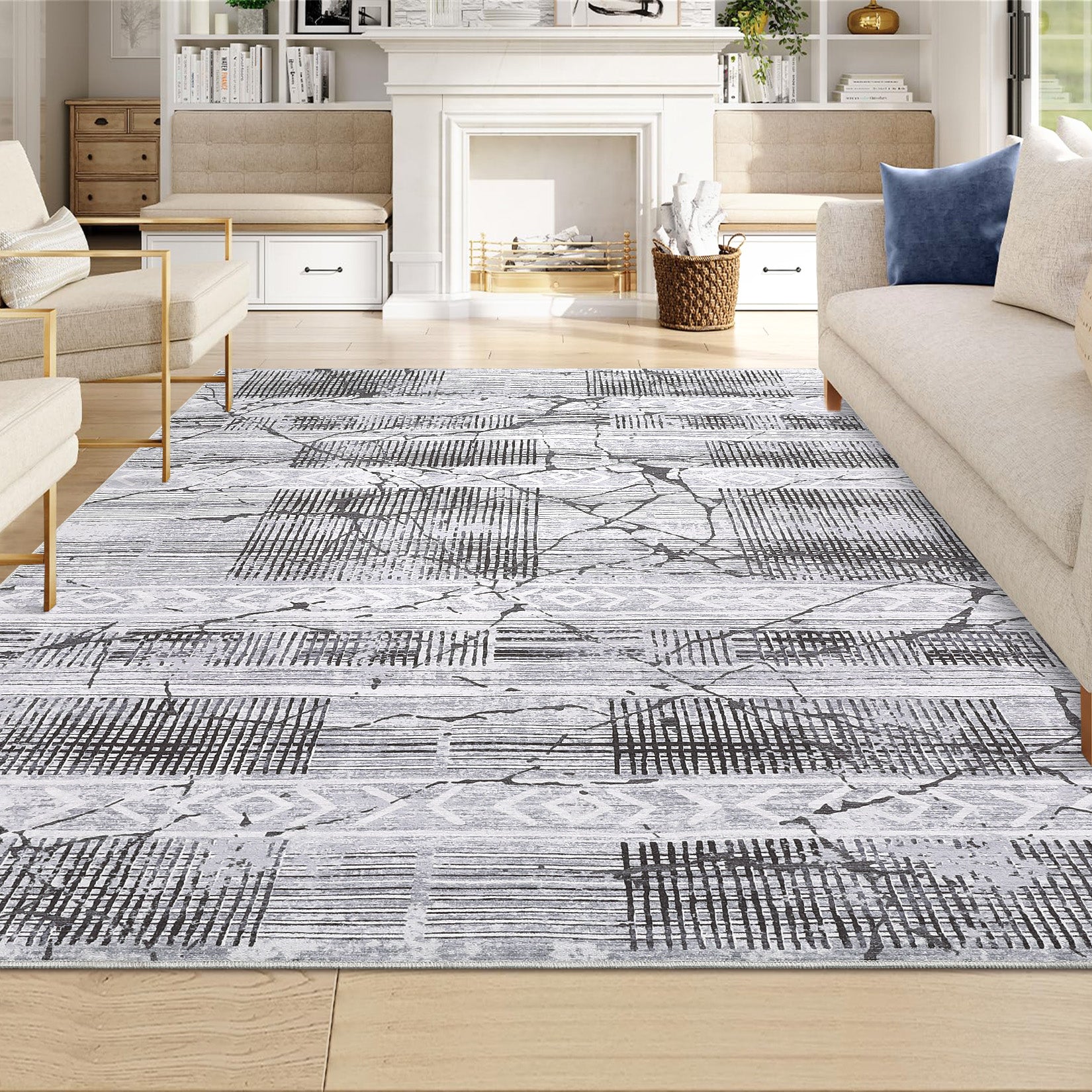 Garvee Boho Light Grey 10x13 Large Living Room Rugs, Geometric Marble Boho Area Rugs for Bedroom Ultra Thin Non-Slip Washable Indoor Rugs Floor Carpet for Dining Room
