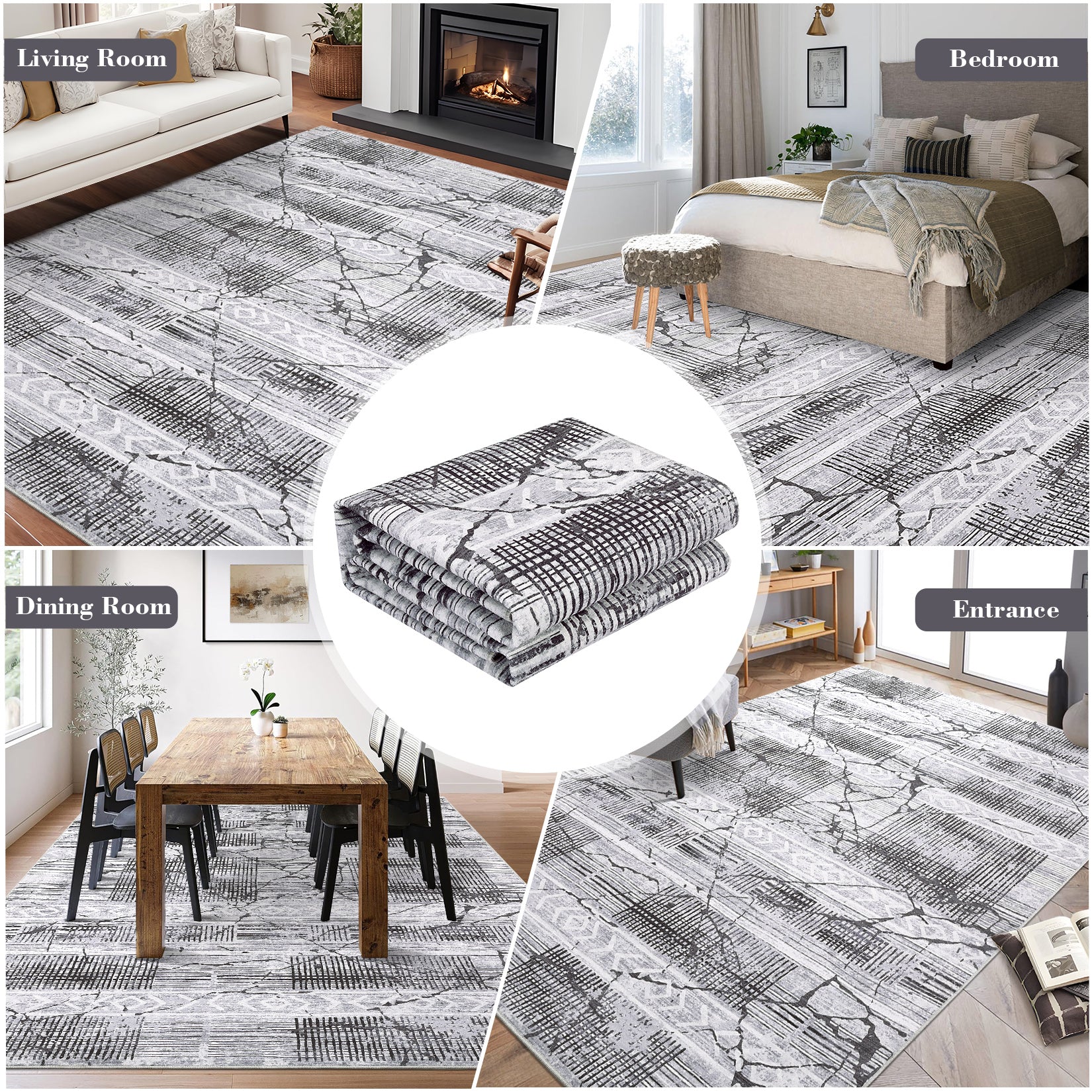 Garvee Boho Light Grey 10x13 Large Living Room Rugs, Geometric Marble Boho Area Rugs for Bedroom Ultra Thin Non-Slip Washable Indoor Rugs Floor Carpet for Dining Room
