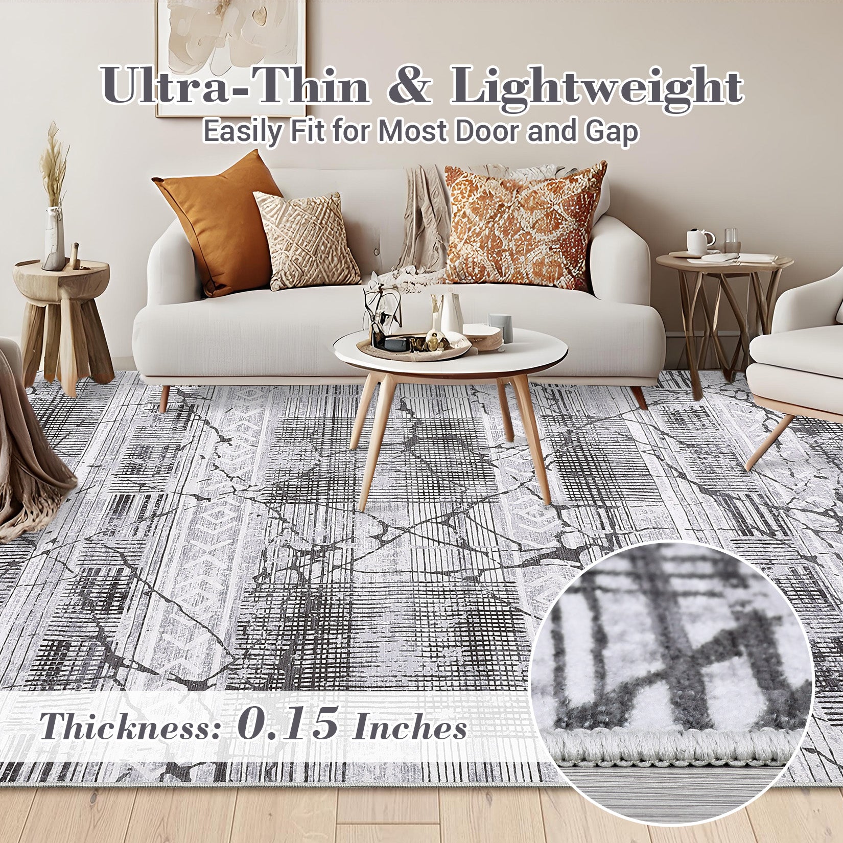 Garvee Boho Light Grey 9x12 Washable Living Room Rugs, Geometric Marble Boho Area Rugs for Bedroom Ultra Thin Non-Slip Large Indoor Rugs Floor Carpet for Dining Room