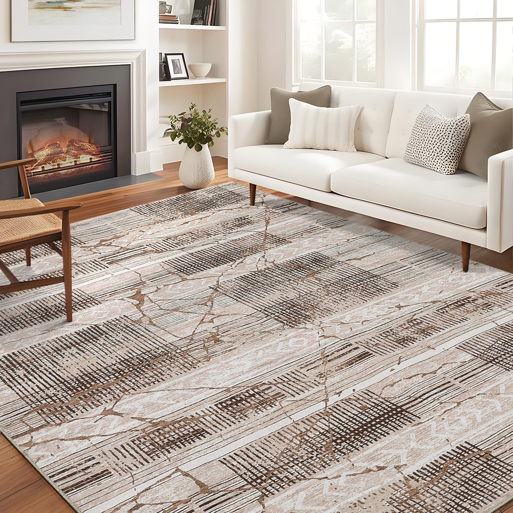 Garvee Boho Light Brown 5x7 Area Rug Living Room Rugs, Large Machine Washable Marble Distressed Rug Boho Farmhouse Neutral Ultra Thin Indoor Floor Carpet for Bedroom Under Dining Table Home