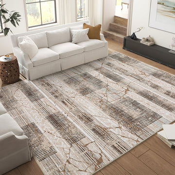 Garvee Boho Light Brown 6x9 Washable Rugs for Living Room, Geometric Marble Boho Area Rugs for Bedroom Ultra Thin Non-Slip Large Indoor Rugs Floor Carpet for Dining Room
