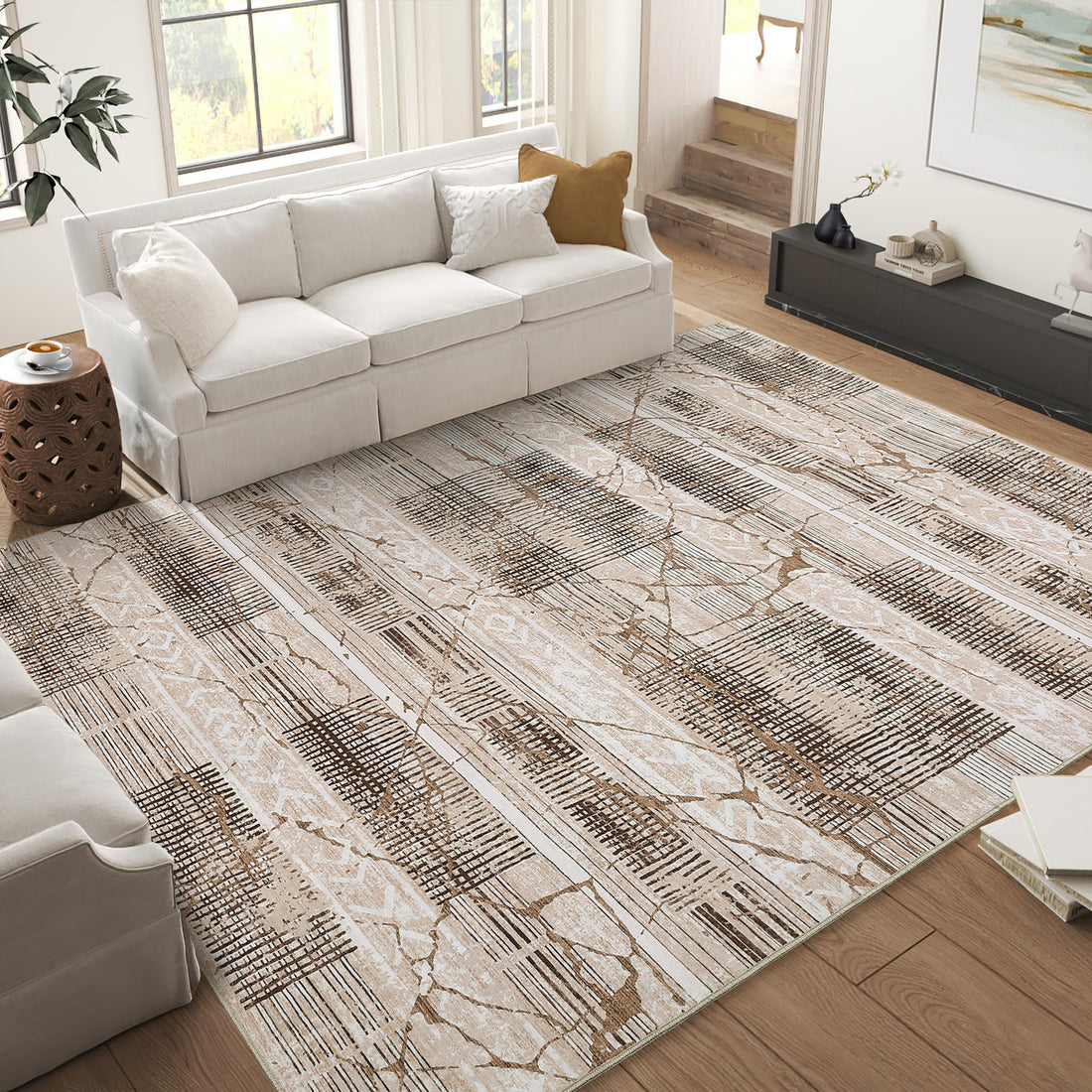 Garvee Boho Light Brown 5x7 Area Rug Living Room Rugs, Large Machine Washable Marble Distressed Rug Boho Farmhouse Neutral Ultra Thin Indoor Floor Carpet for Bedroom Under Dining Table Home