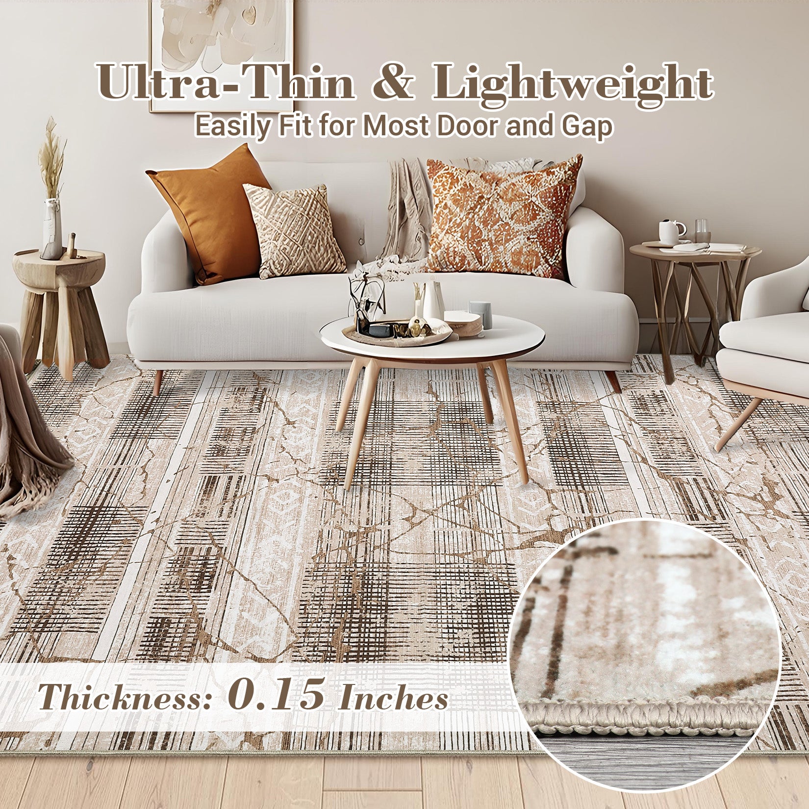 Garvee Boho Light Brown 5x7 Area Rug Living Room Rugs, Large Machine Washable Marble Distressed Rug Boho Farmhouse Neutral Ultra Thin Indoor Floor Carpet for Bedroom Under Dining Table Home