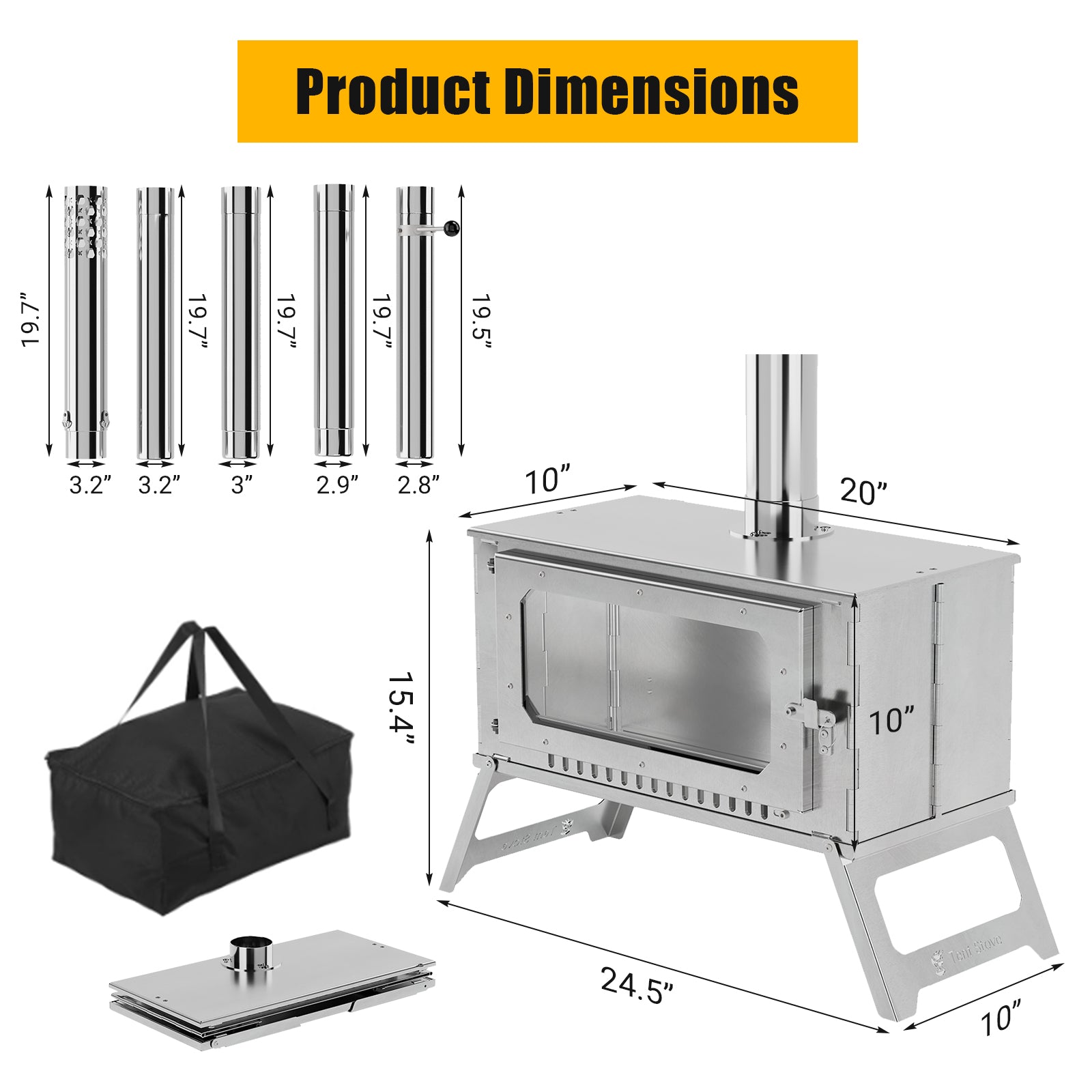 Garvee Portable Hot Tent Stove,Wood Burning Stove for Camping, Tent Stove With View Glass, Large Stainless Steel Camping Stove With 5 Chimney Pipes for Outdoor Heating and Cooking