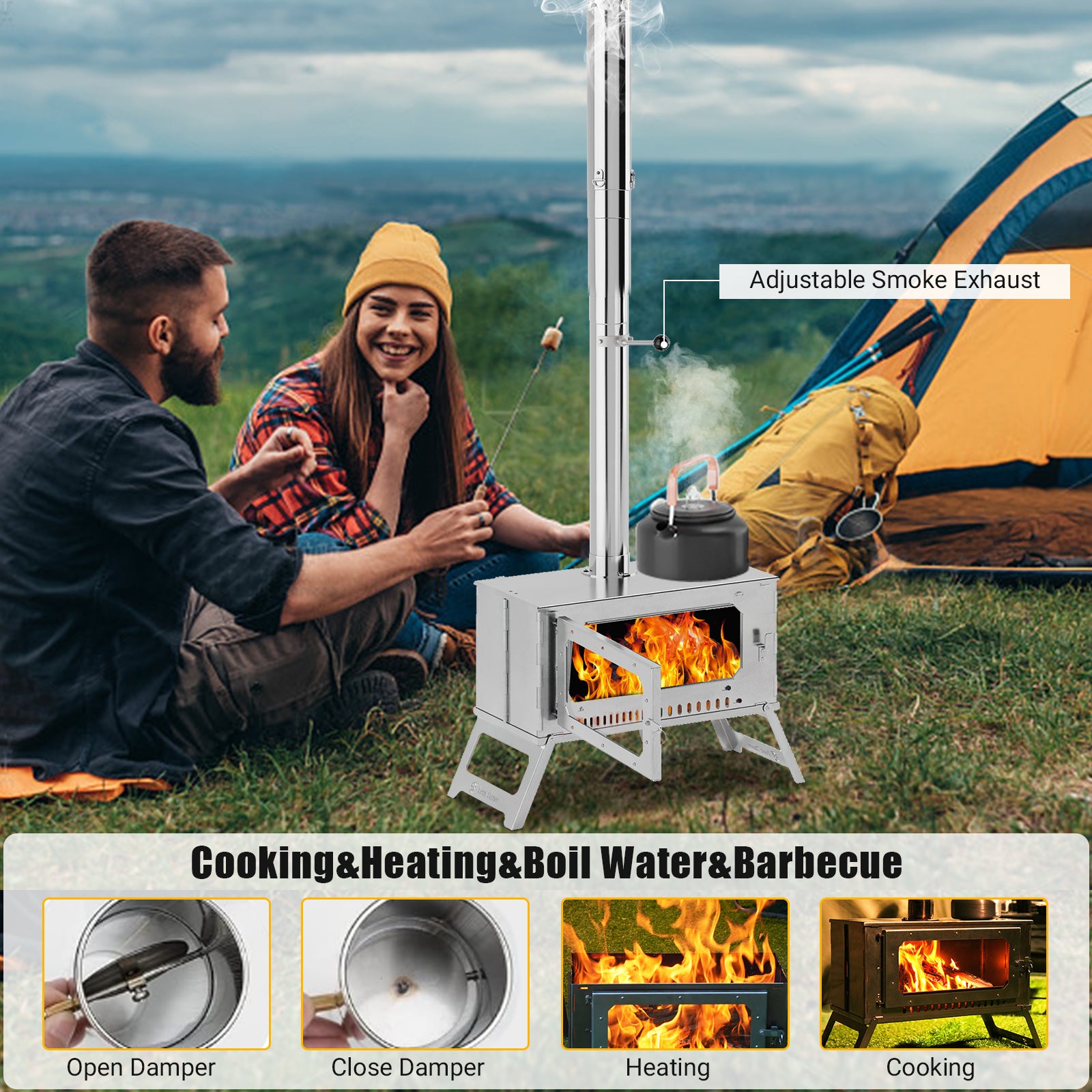 Garvee Portable Hot Tent Stove,Wood Burning Stove for Camping, Tent Stove With View Glass, Large Stainless Steel Camping Stove With 5 Chimney Pipes for Outdoor Heating and Cooking