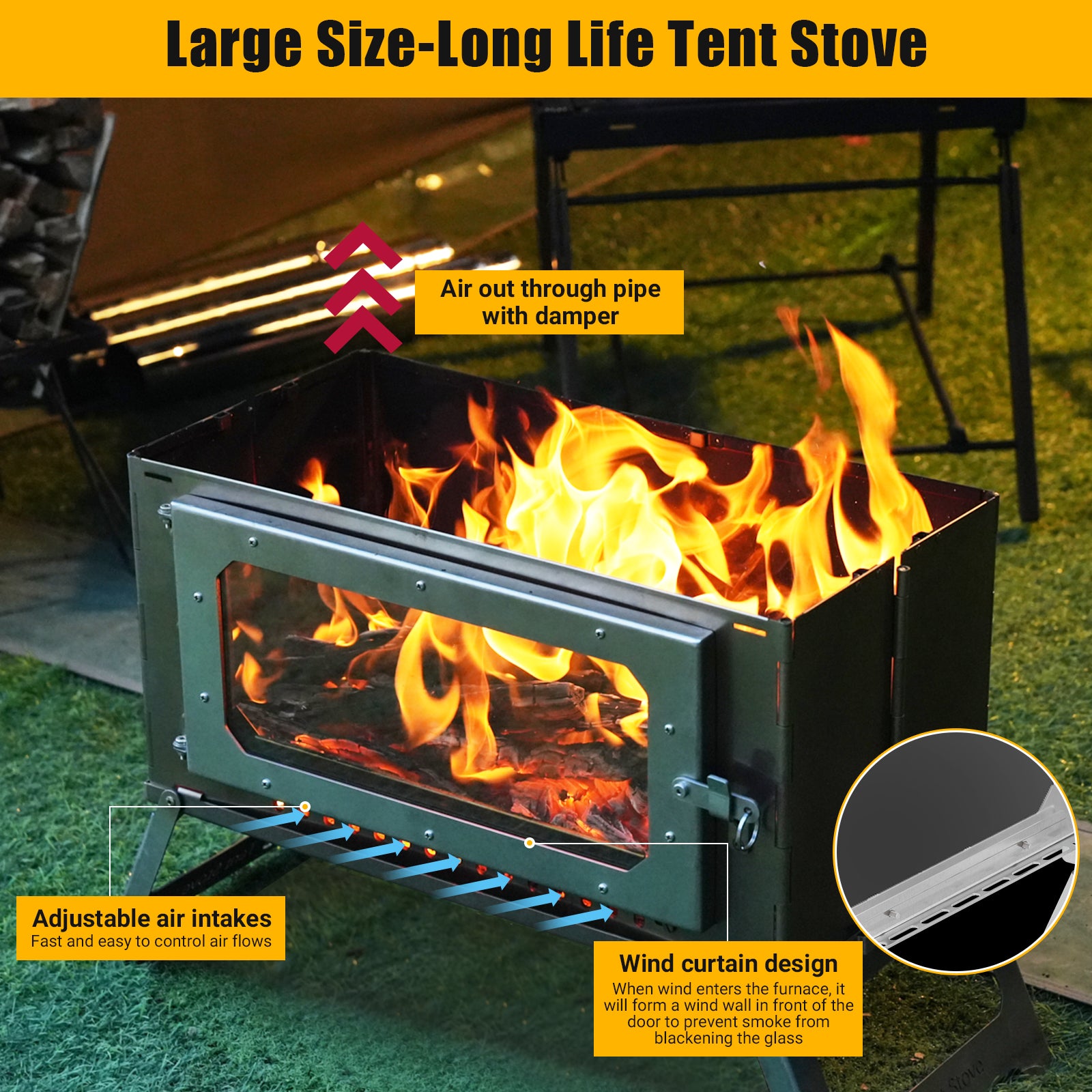 micro tent stove Garvee Portable Hot Tent Stove,Wood Burning Stove for Camping, Tent Stove With View Glass, Large Stainless Steel Camping Stove With 5 Chimney Pipes