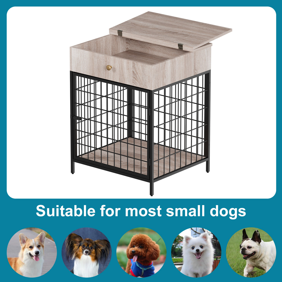 Garvee Wooden Dog Crate End Table, Dog Kennel with Drawer Indoor, Furniture Style Dog Crate Side Table for Small Dogs, Grey