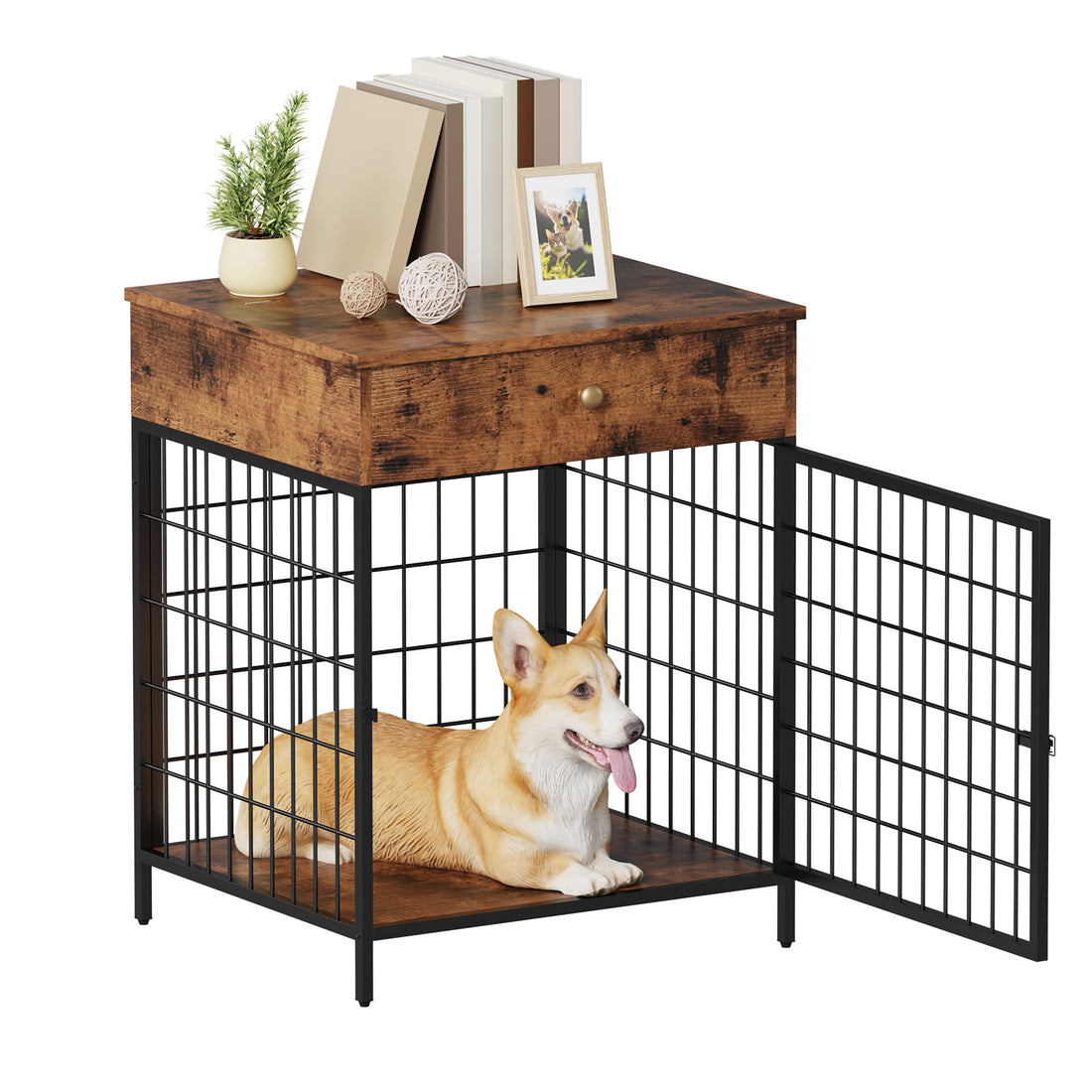 Garvee Dog Crate Furniture, Wooden Dog Crate End Table,Dog Kennel with Drawer Indoor, Furniture Dog Crate Side Table for Small Dogs, Brown