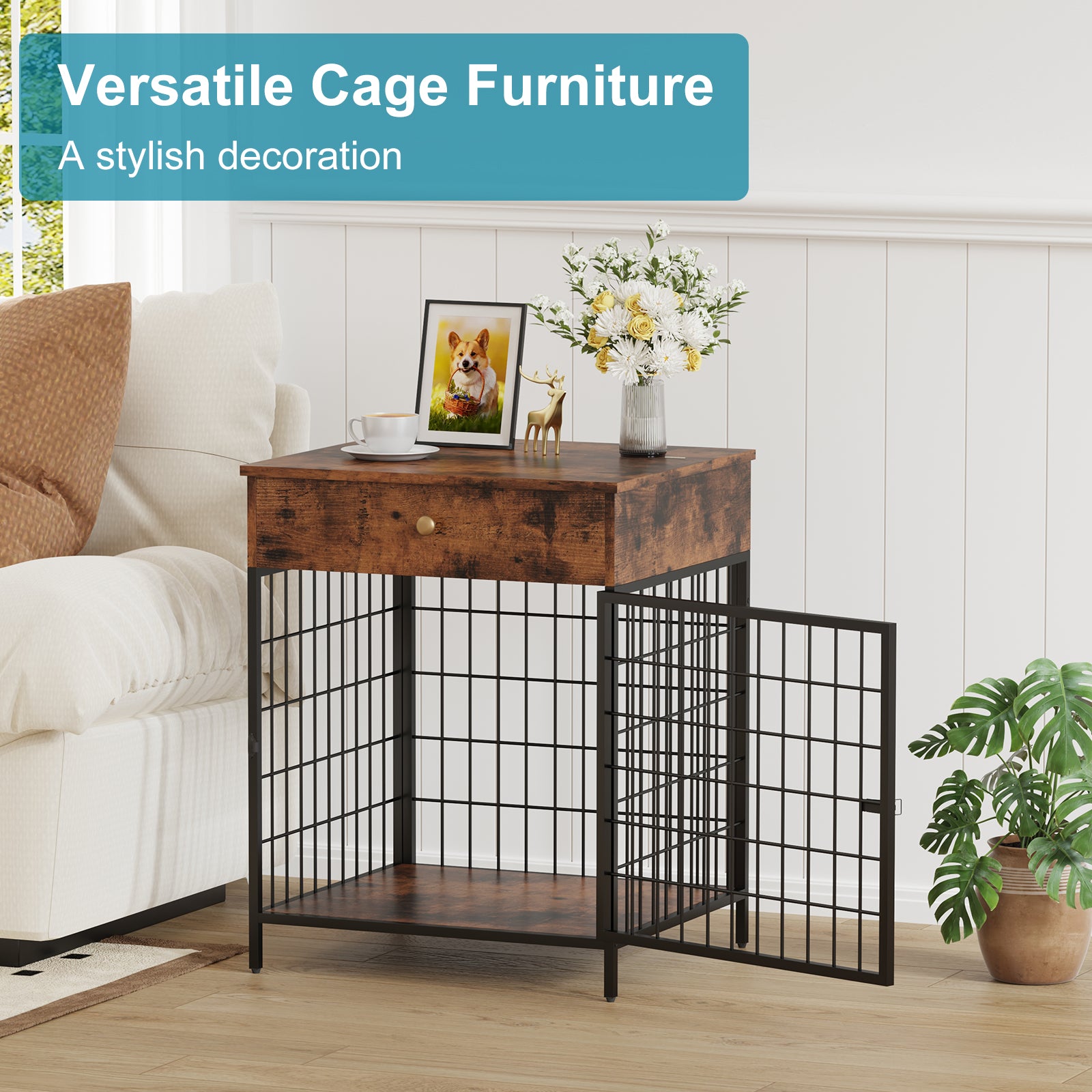 Garvee Dog Crate Furniture, Wooden Dog Crate End Table,Dog Kennel with Drawer Indoor, Furniture Dog Crate Side Table for Small Dogs, Brown