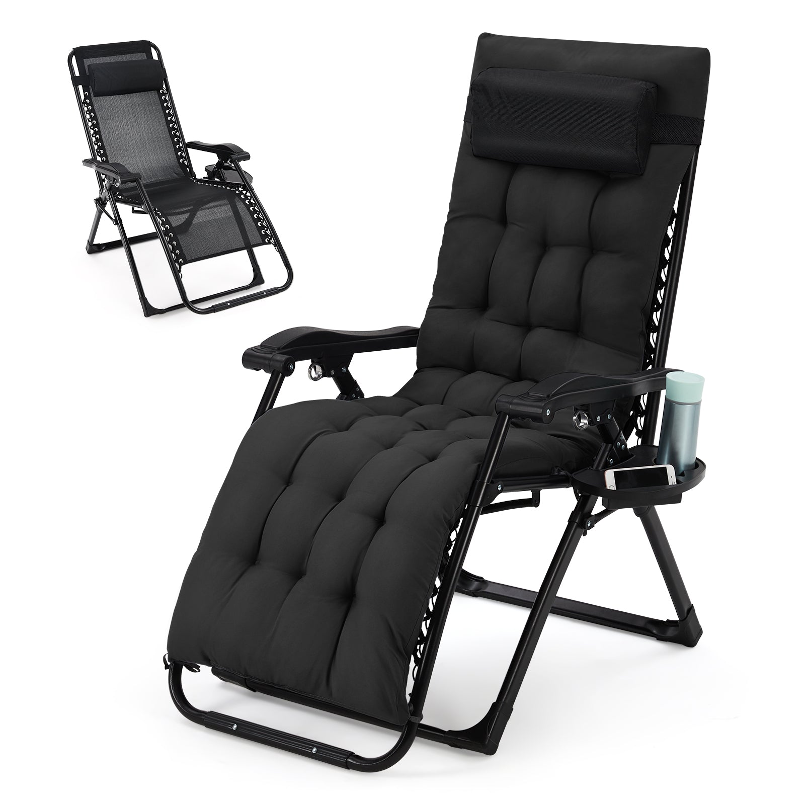 Garvee Zero Gravity Lounge Chair, 33'' Recliner Chair with Removable Cushion, Headrest, Footrest, and Cup Holder, Adjustable Folding Chairs for Outside and Inside, Black