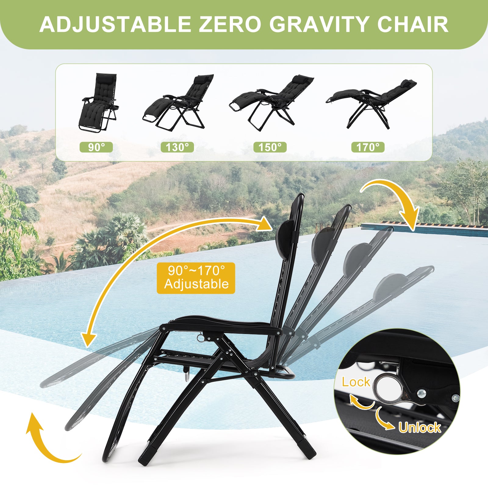 Garvee Zero Gravity Lounge Chair, 26'' Recliner Chair with Removable Cushion, Headrest, Footrest, and Cupholder, Adjustable Folding Chairs for Outside and Inside, Black