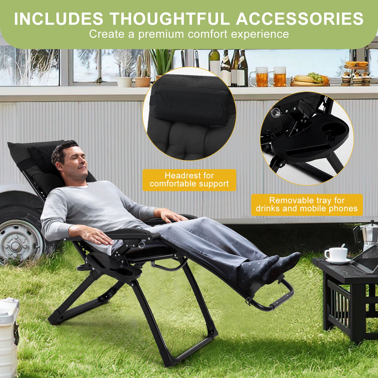 Garvee Zero Gravity Lounge Chair, 26'' Recliner Chair with Removable Cushion, Headrest, Footrest, and Cupholder, Adjustable Folding Chairs for Outside and Inside, Black